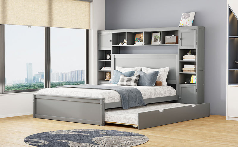 Queen Size Wooden Bed With All-in-One Cabinet, Shelf and Sockets, Gray