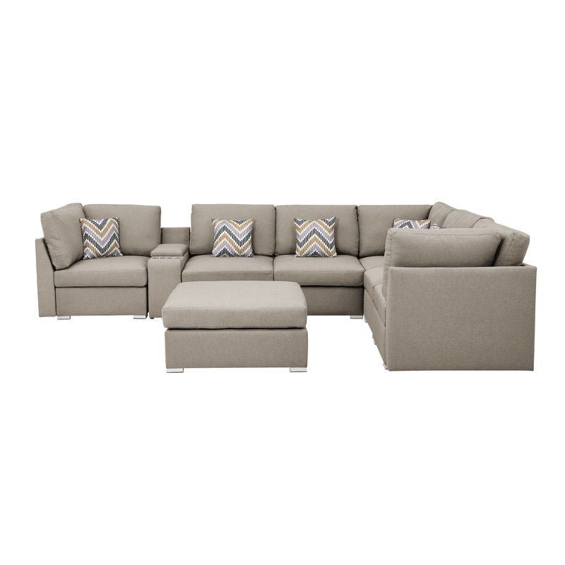 Lucy - Fabric Reversible Modular Sectional Sofa With Console And Ottoman - Beige