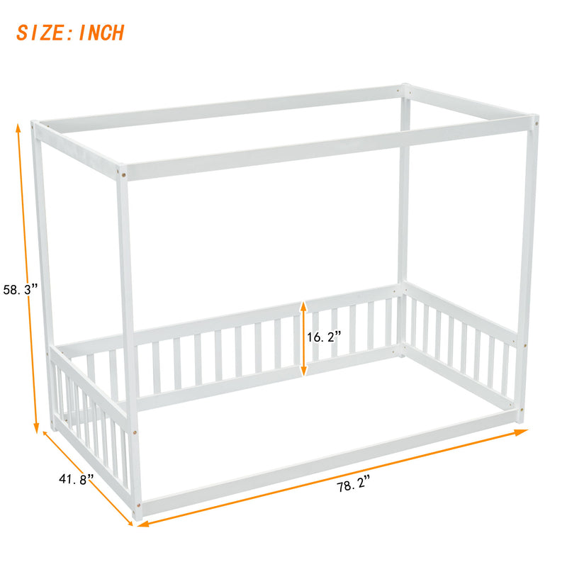 Canopy Frame Floor Bed With Fence, Guardrails