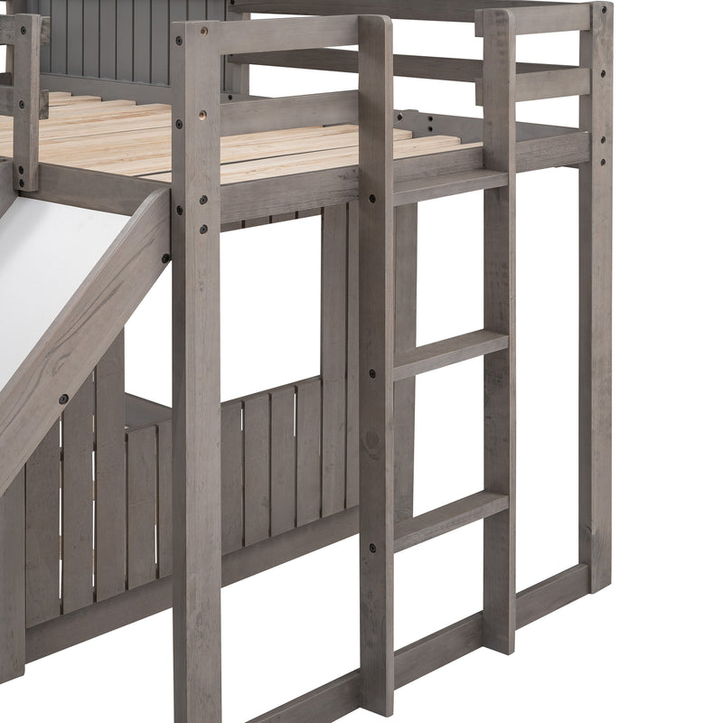 Wooden Twin Over Full Bunk Bed, Loft Bed with Playhouse, Farmhouse, Ladder, Slide and Guardrails, Antique Gray(OLD SKU :LT000028AAE)