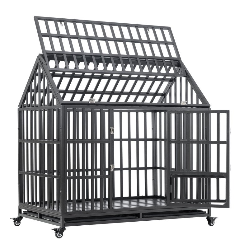 Heavy Duty Dog Cage Pet Crate With Roof & Window On Roof - Black