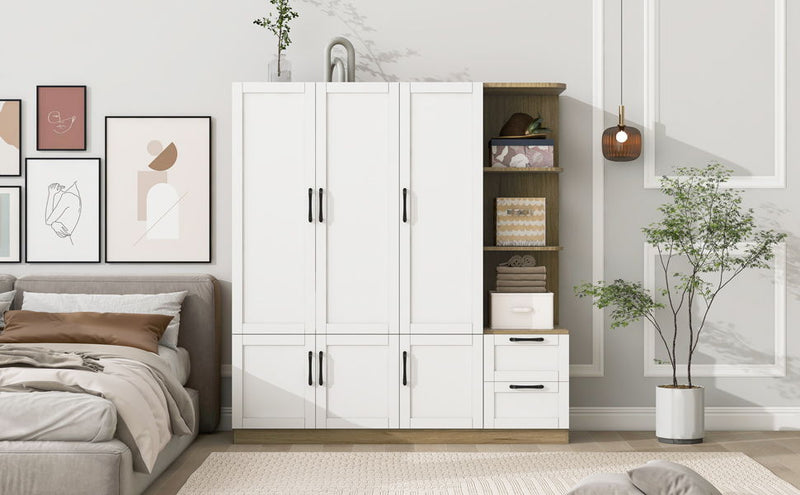 3 Door Storage Wardrobe For Dedroom With Shelves And 2 Drawers, Side Storage Shelves