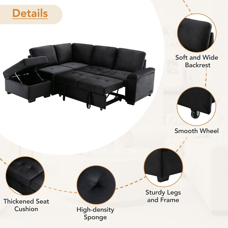 Sleeper Sectional Sofa, L-Shape Corner Couch Sofa Bed With Storage Ottoman & Hidden Arm Storage & USB Charge For Living Room Apartment