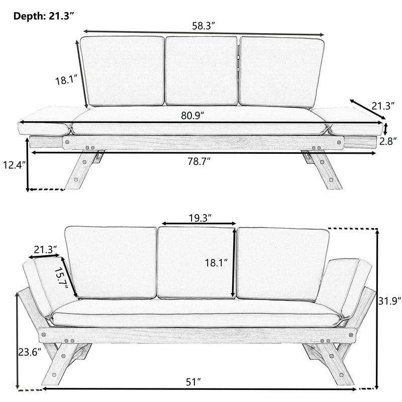 TOPMAX Outdoor Adjustable Patio Wooden Daybed Sofa Chaise Lounge with Cushions for Small Places, Brown Finish+Gray Cushion