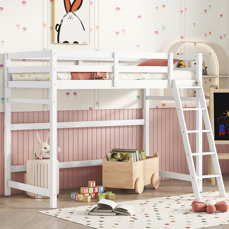 Twin Size High Loft Bed with inclined Ladder, Guardrails,White