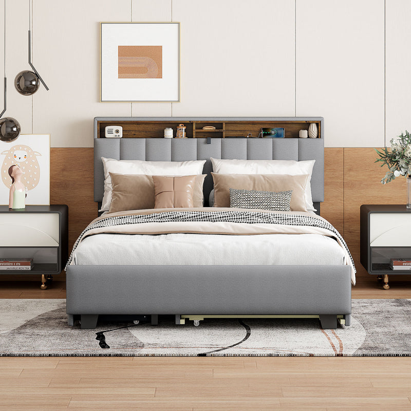 Queen size Upholstered Platform Bed with Storage Headboard, Twin XL Size Trundle & 2 drawers and a set of Sockets & USB Ports, Linen Fabric, Gray