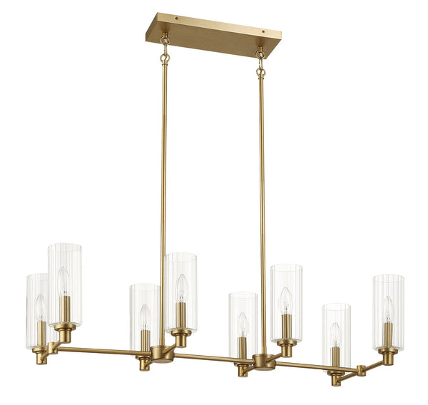 Willow - 8 Lights Island With Clear Ribbed Pendant Lamp Satin - Antique Brass / Clear / Gold