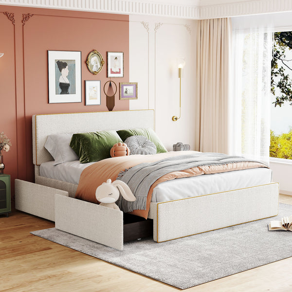 Queen Size Upholstered Platform Bed with 4 Drawers and Golden Edge on the Headboard & Footboard, White