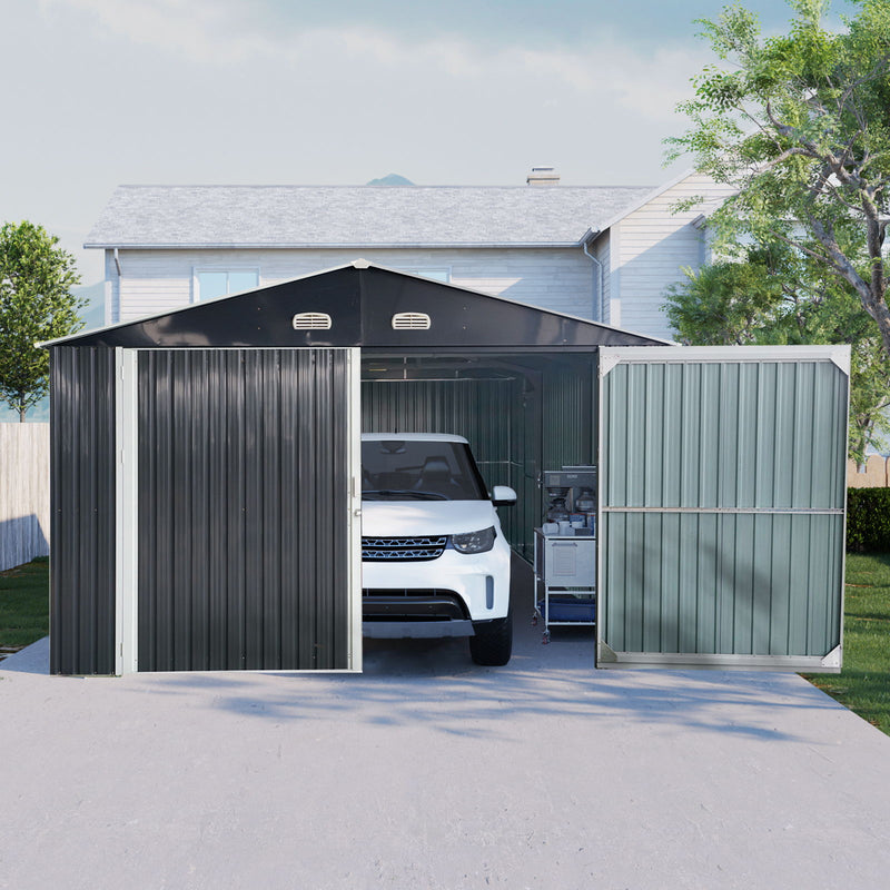 Outdoor Storage Shed Metal Garage Shed For Car, Bike, Lawnmower Backyard Tool House Building 2 Doors And 4 Vents - Black