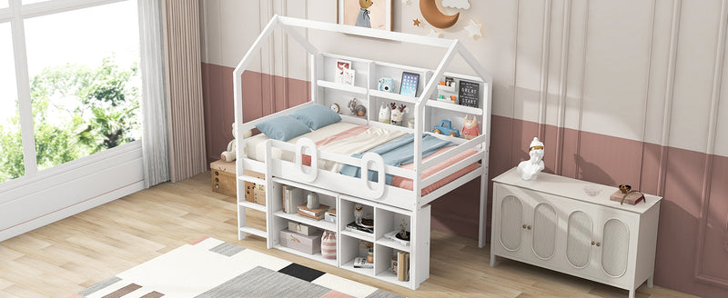 Twin Size House Loft Bed with Multiple Storage Shelves, White