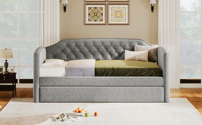 Twin Size Upholstered Daybed with Trundle for Guest Room, Small Bedroom, Study Room, Gray