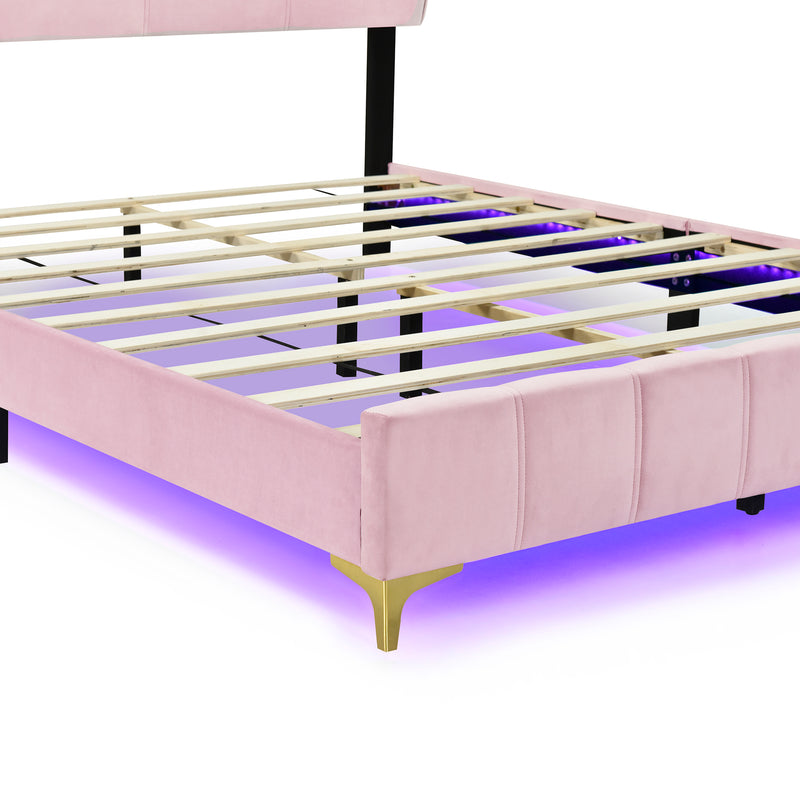 Queen Size Velvet Platform Bed with LED Frame and Stylish Mental Bed Legs, Pink