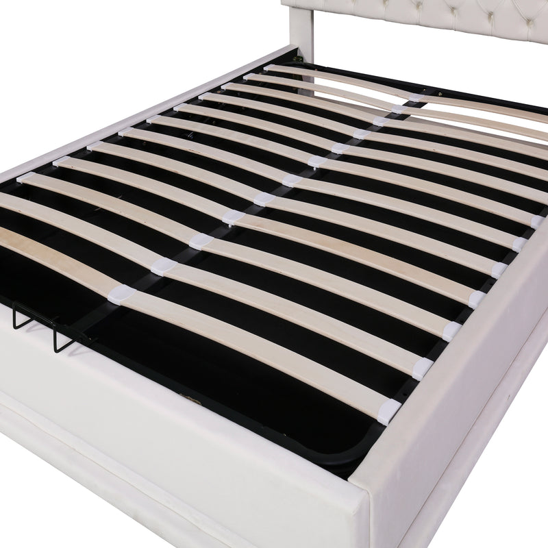 Queen Size Storage Upholstered Platform Bed with Adjustable Tufted Headboard and LED Light, Beige