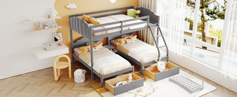 Full Over Twin & Twin Bunk Bed, Velvet Triple Bunk Bed With Drawers And Guardrails - Gray