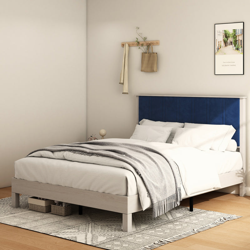 Queen Bed Frame, Wood with Wood Headboard Bed Frame with upholstered headboard /  Wood Foundation with Wood Slat Support / No Box Spring Needed / Easy Assembly