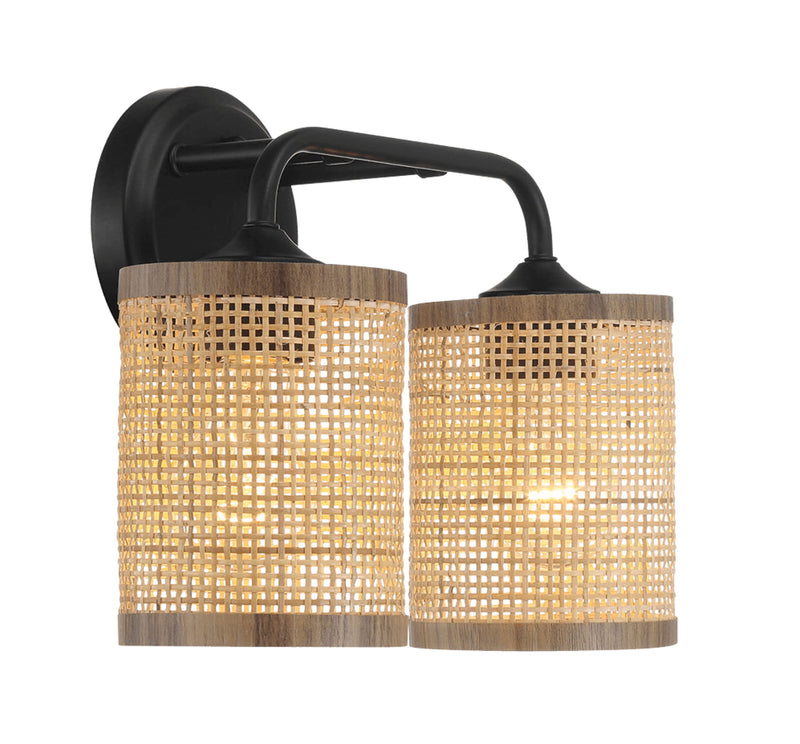 Quell - Double Light Vanity With Natural Shade Wall Lamp - Black / Rattan