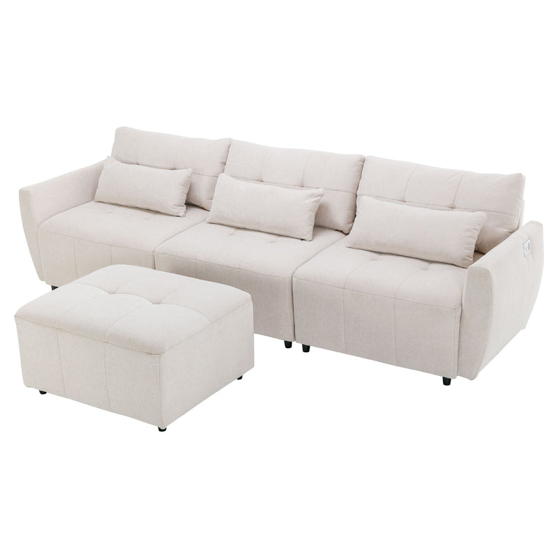 Convertible Sectional Sofa Couch 3 Seat L-Shaped Sofa With Movable Ottoman And USB For Apartment, Living Room, Bedroom