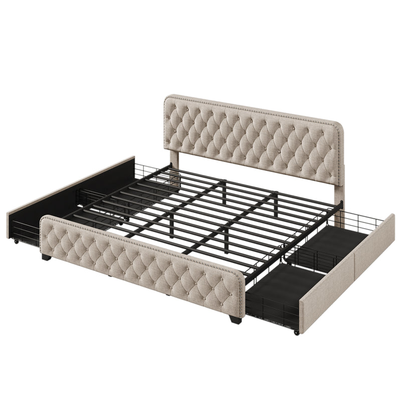 Upholstered Platform Bed Frame with Four Drawers, Button Tufted Headboard and Footboard Sturdy Metal Support, No Box Spring Required, Beige, King (Old sku:BS300277AAA)