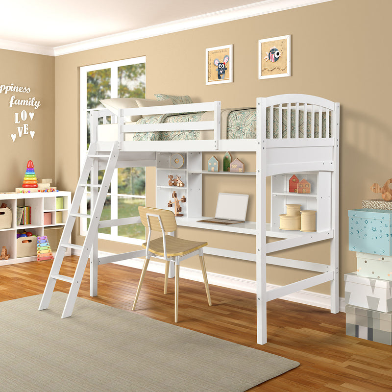 Twin size Loft Bed with Storage Shelves, Desk and Ladder, White(OLD SKU :LP000140KAA)