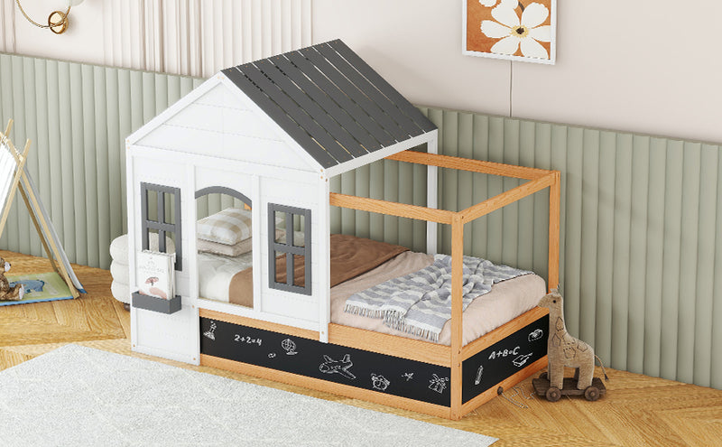 Twin Size House Shaped Canopy Bed with Black Roof and White Window,Blackboard and Little Shelf, White(Old SKU: WF294051AAK)