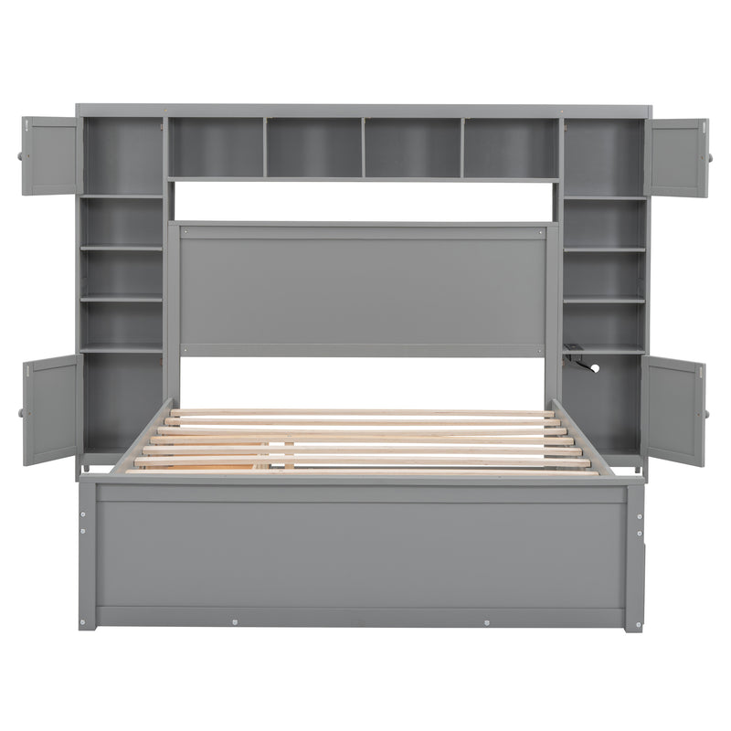 Queen Size Wooden Bed With All-in-One Cabinet, Shelf and Sockets, Gray