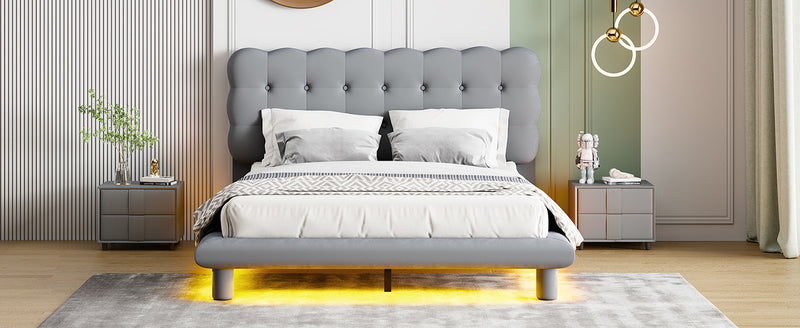 Queen Size Velvet Platform Bed with LED Frame, Thick & Soft Fabric and Button-tufted Design Headboard, Gray