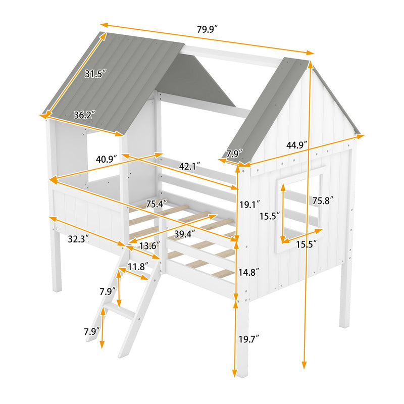 Low Loft Wooden House Bed With Two Side Windows