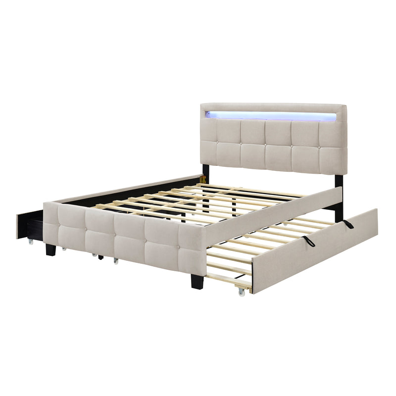 Queen Size Upholstered Platform Bed with LED Frame, with Twin XL Size Trundle and 2 drawers, Linen Fabric, Beige