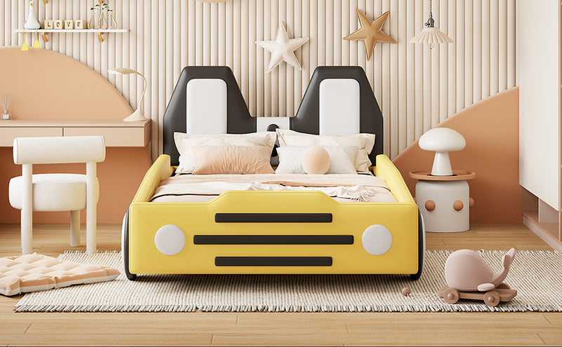 Twin Size Race Car-Shaped Platform Bed with Wheels,Yellow