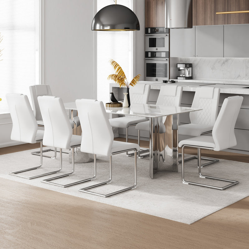 Table and chair set, modern and minimalist dining table. Imitation marble glass sticker desktop, stainless steel legs, stable and beautiful. Comfortable PU seats. DT-69