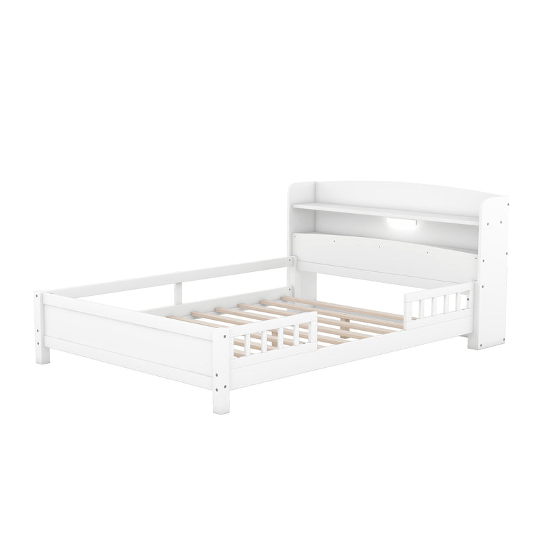 Wood Full Size Platform Bed with Built-in LED Light, Storage Headboard and Guardrail, White