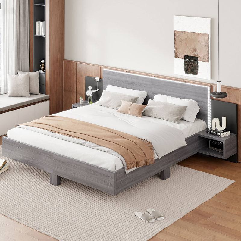 Floating Platform Bed, With LED Lights, Bedside Nightstand