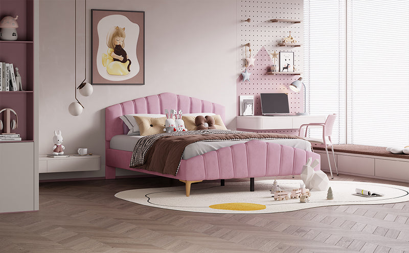 Queen Size Velvet Platform Bed with Thick Fabric, Stylish Stripe Decorated Bedboard and Elegant Metal Bed Leg, Pink