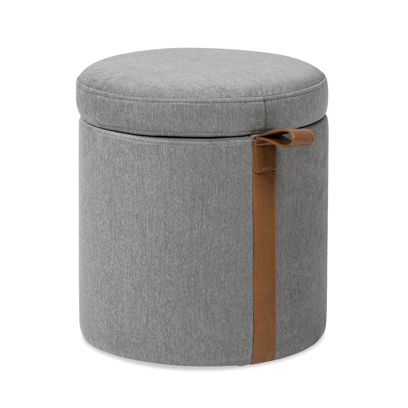 Brandy - Round Upholstered Storage Ottoman With Leather Accent