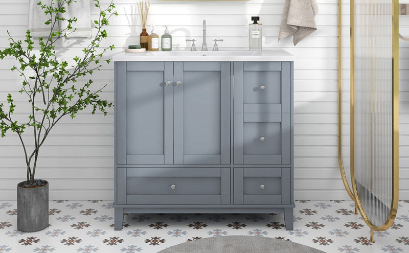 Modern Bathroom Vanity With USB Charging, Two Doors And Three Drawers Bathroom Storage Vanity Cabinet With Single Top, Small Bathroom Vanity Cabinet With Sink - White / Gray Blue