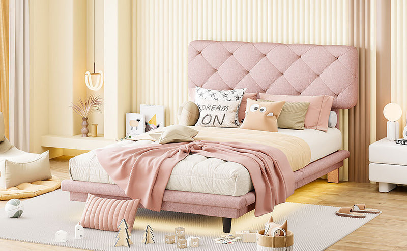 Twin Size Upholstered Bed with Light Stripe, Floating Platform Bed, Linen Fabric,Pink