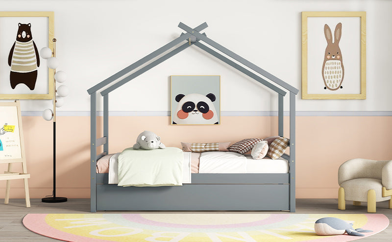 Twin Size  House-shaped Bed with Trundle,Grey