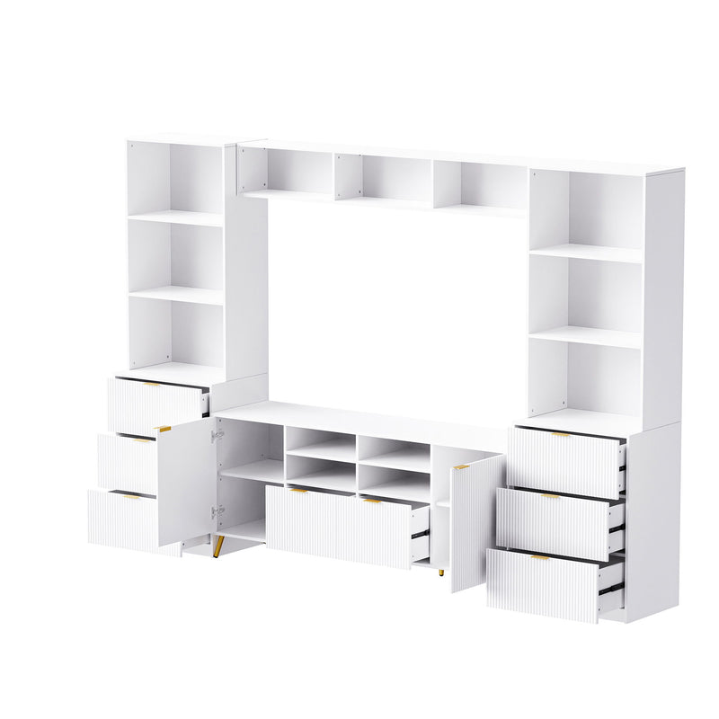 4 Piece Entertainment Wall Unit With 13 Shelves, 8 Drawers And 2 Cabinets, Multifunctional TV Stand Media Storage Cabinet With Fluted Line Surface For Living Room, For TVs Up To 70"