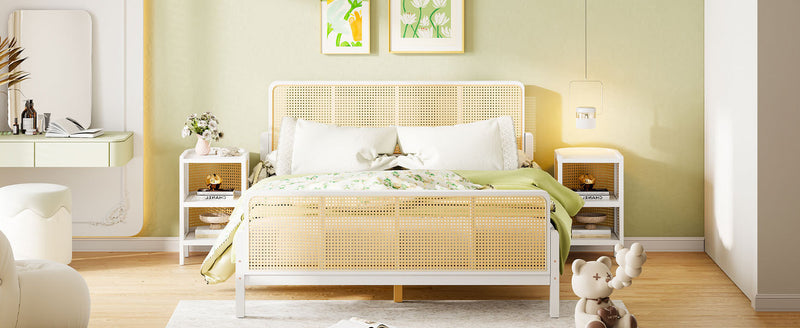 3 Pieces Rattan Platform Full Size Bed With 2 Nightstands,White