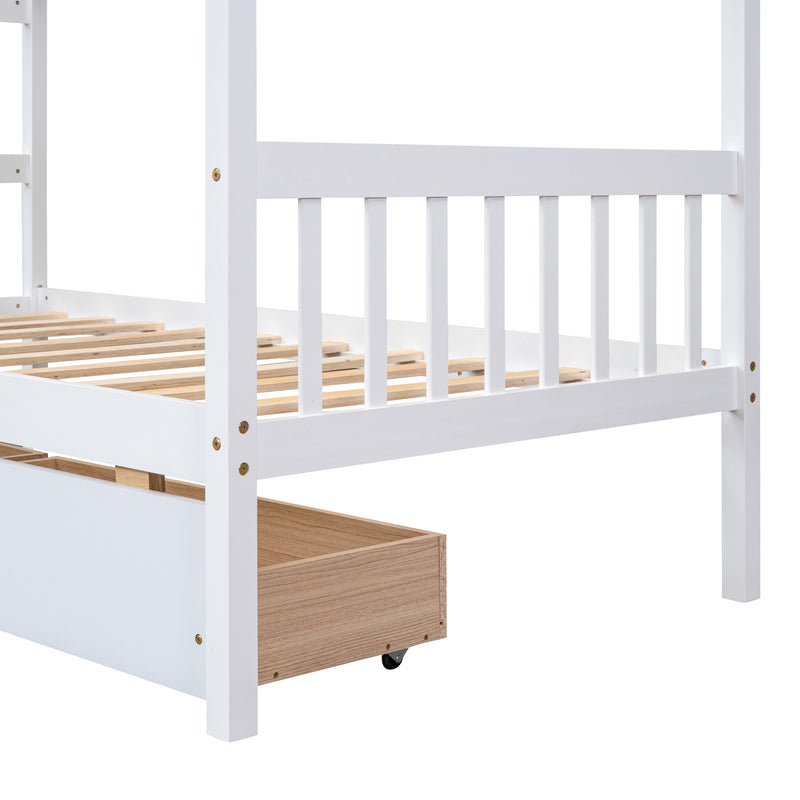 Twin Size Wooden House Bed with Drawers, White