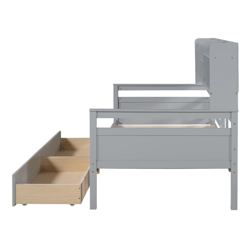 Twin size Daybed, Wood Slat Support, with Bedside Shelves and Two Drawers, Gray