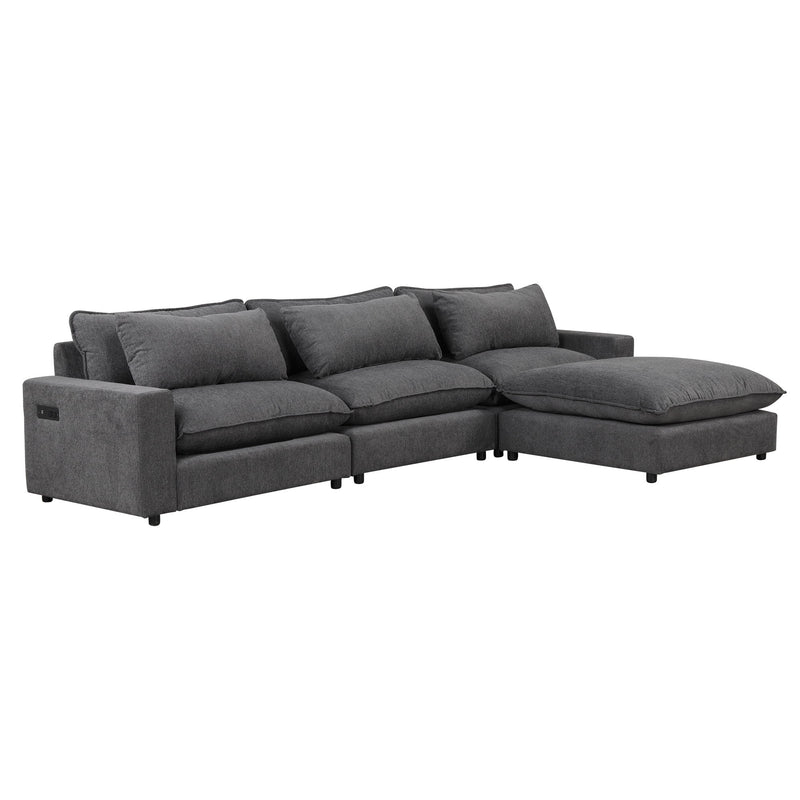 Sectional Sofa Cloud Sofa Chenille Upholstered Sofa Couch With Movable Ottoman, Comfortable Seat Cushions, Charging Ports And Three Back Pillows For Living Room