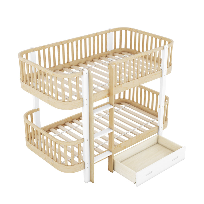 Wood Twin over Twin Bunk Bed with Fence Guardrail and a Big Drawer, Natural White