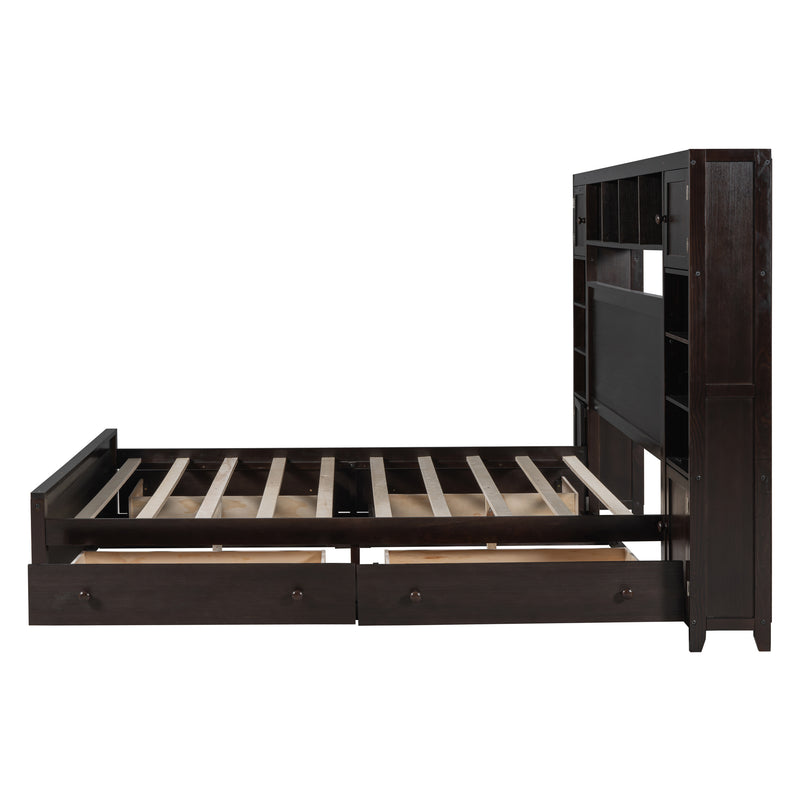 Queen Size Wooden Bed With All-in-One Cabinet, Shelf and Sockets, Espresso