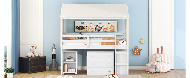 Twin Size Loft Bed with Rolling Cabinet, Shelf and Tent - White