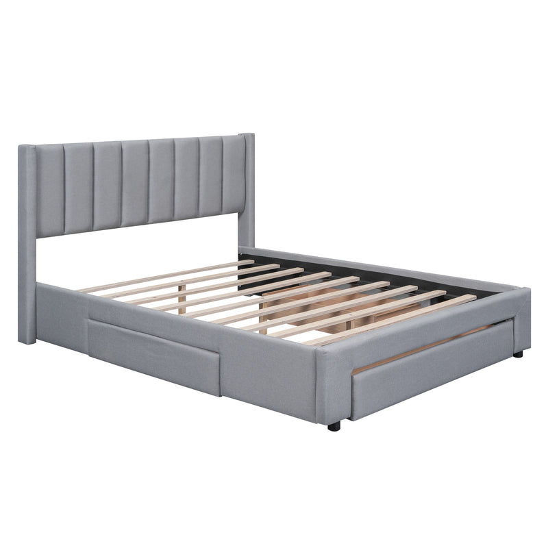 Queen Size Upholstered Platform Bed with One Large Drawer in the Footboard and Drawer on Each Side,Gray