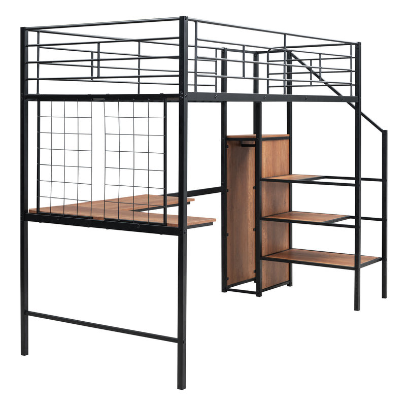 Twin Size Metal Loft Bed with Desk and Metal Grid, Stylish Metal Frame Bed with Lateral Storage Ladder and Wardrobe, Black