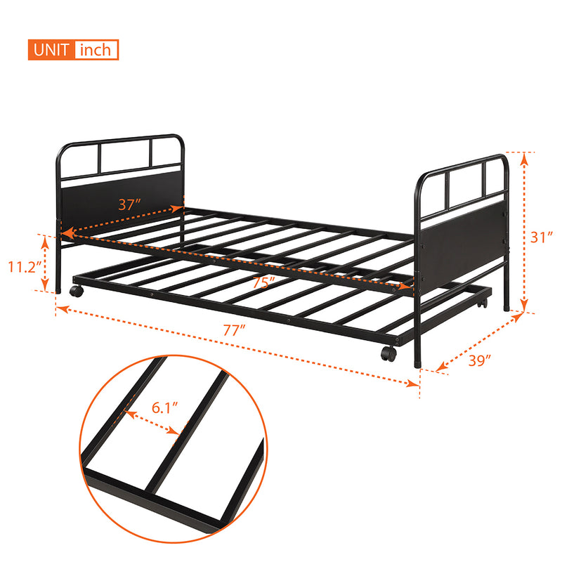 [Not allowed to sell to Walmart]Metal Daybed Platform Bed Frame with Trundle Built-in Casters, Twin Size