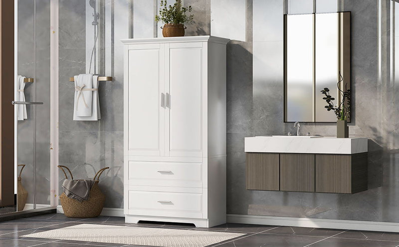 Tall Bathroom Storage Cabinet, With Two Doors And Drawers, Adjustable Shelf, MDF Board - White