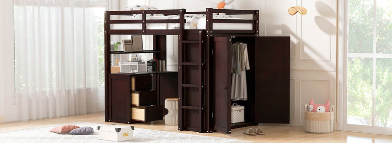 Twin size Loft Bed with Drawers,Desk,and Wardrobe-Espresso